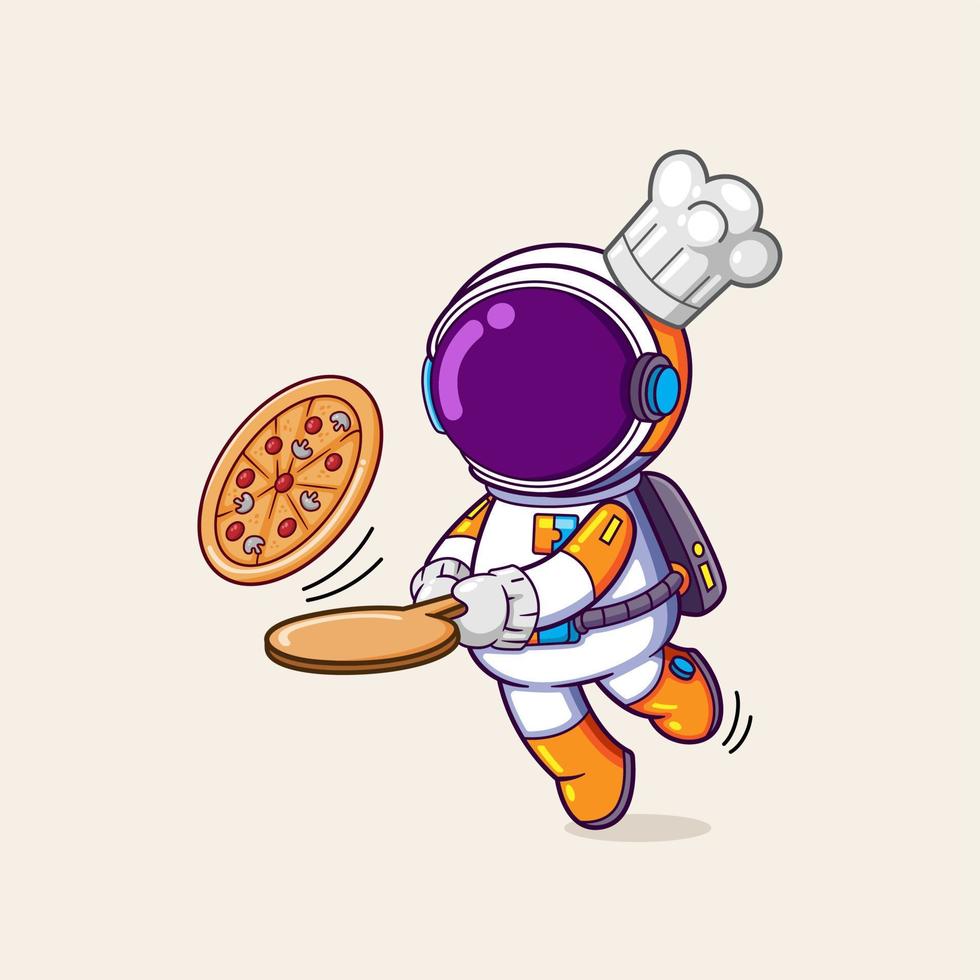 de chef astronaut is gestruikeld en gaan naar vallen terwijl Holding een pizza Aan hand- vector