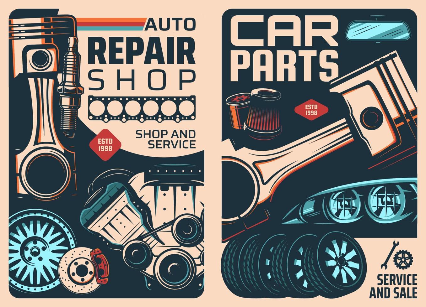 Reserve onderdelen winkel en auto onderhoud retro posters vector