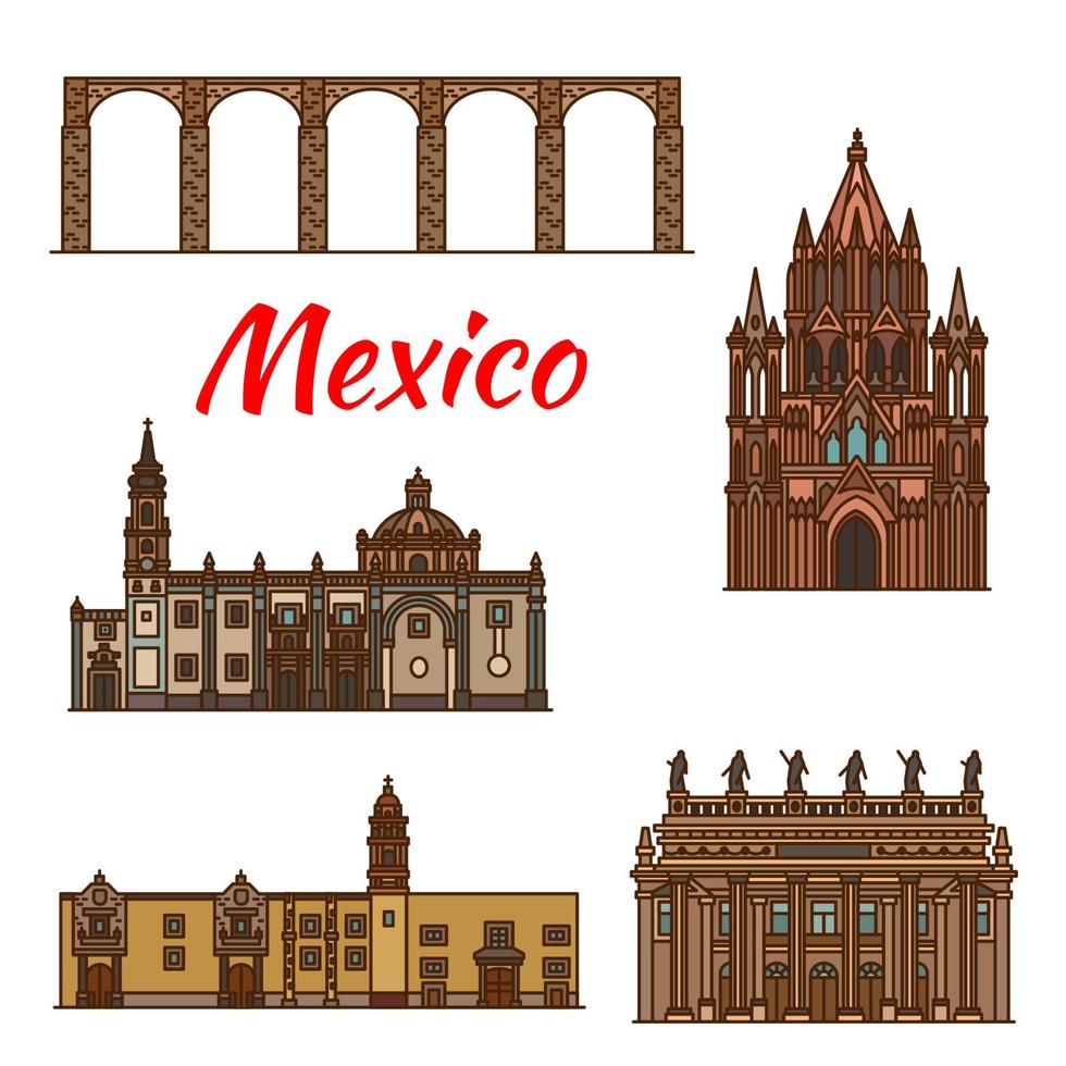 Mexico oriëntatiepunten architectuur vector lijn pictogrammen