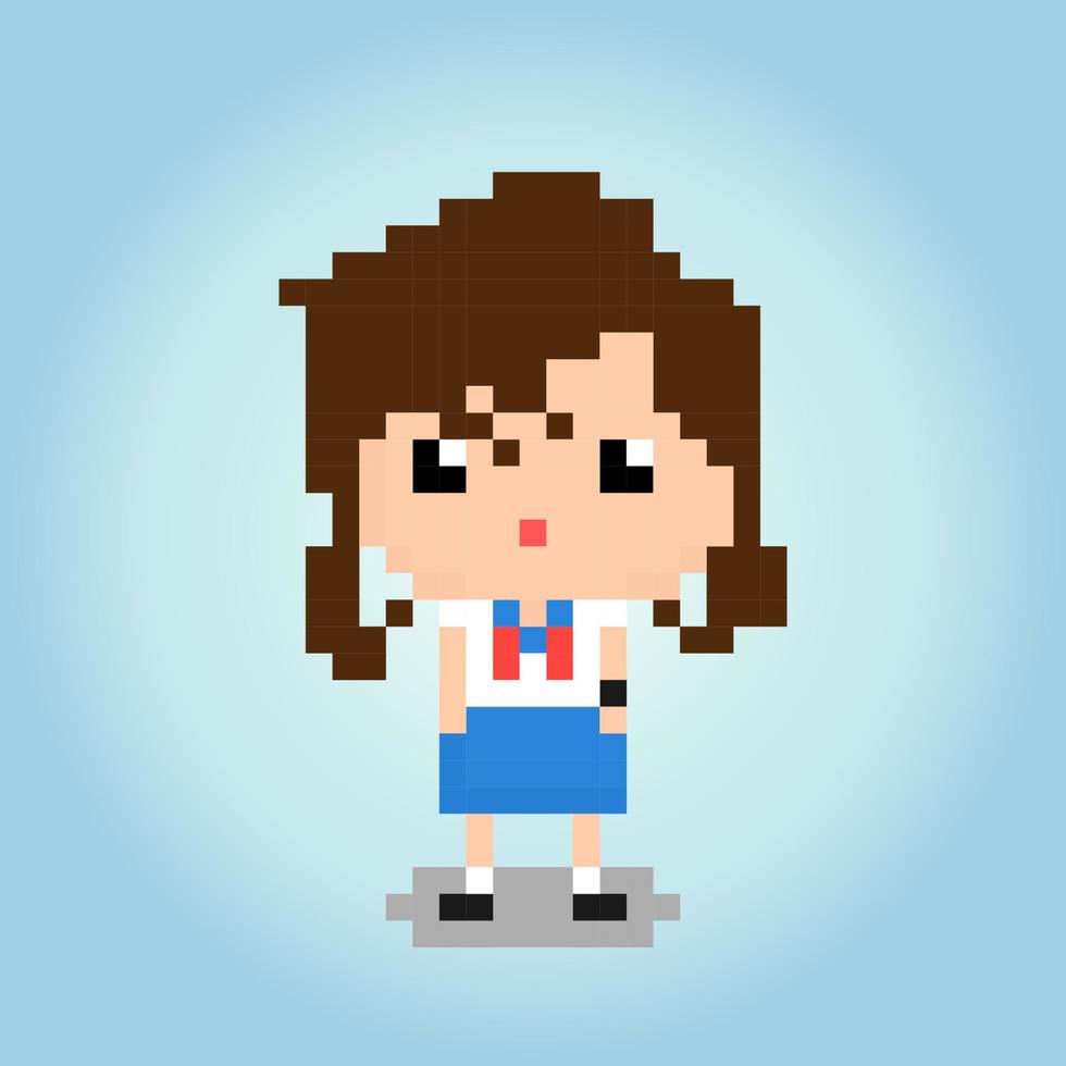 8 bit pixel vrouwenkarakter. pixelschoolmeisje in vectorillustraties voor spelactiva of kruissteekpatronen. vector