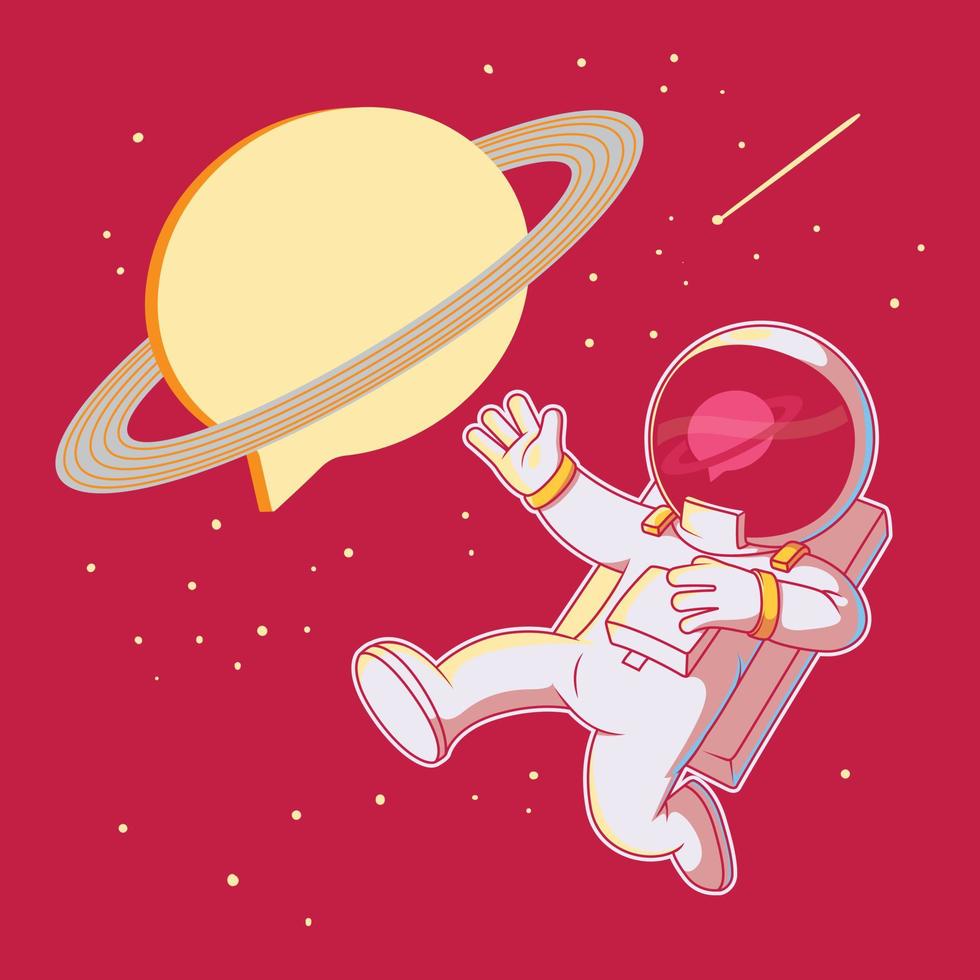 drijvend astronaut met bericht planeet vector illustratie. technologie, communicatie ontwerp concept.