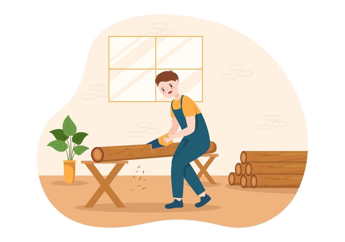 mensen boom snijdend en hout met vrachtwagen, kettingzaag houten en gereedschap loggen in de Woud Aan vlak tekenfilm hand- getrokken Sjablonen illustratie vector