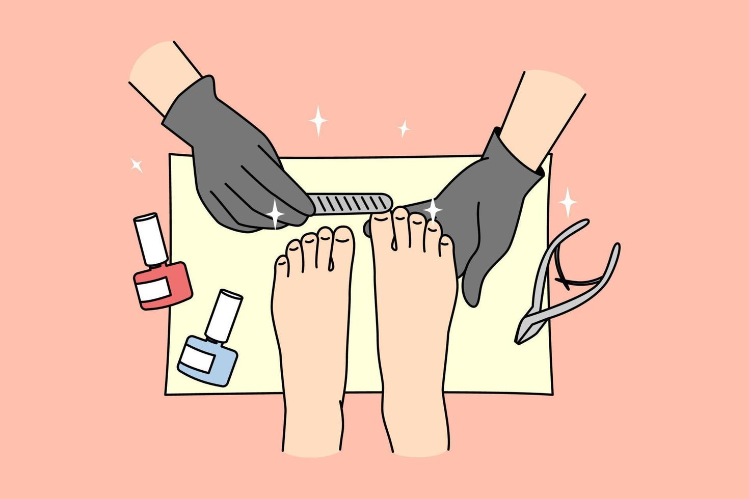 detailopname van vrouw krijgen pedicure in salon. vrouw cliënt zorg over hygiëne en kijken van teen nagels. schoonheid concept. vector illustratie.