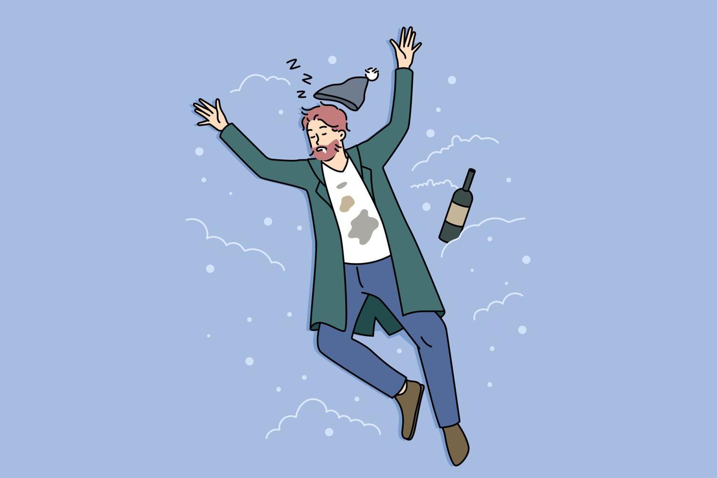 dakloos Mens slapen Aan straat Aan sneeuw De volgende naar fles. dronken mannetje sluimeren uit buitenshuis worstelen met alcoholisch verslaving. alcoholisme en dronkenschap. vlak vector illustratie.