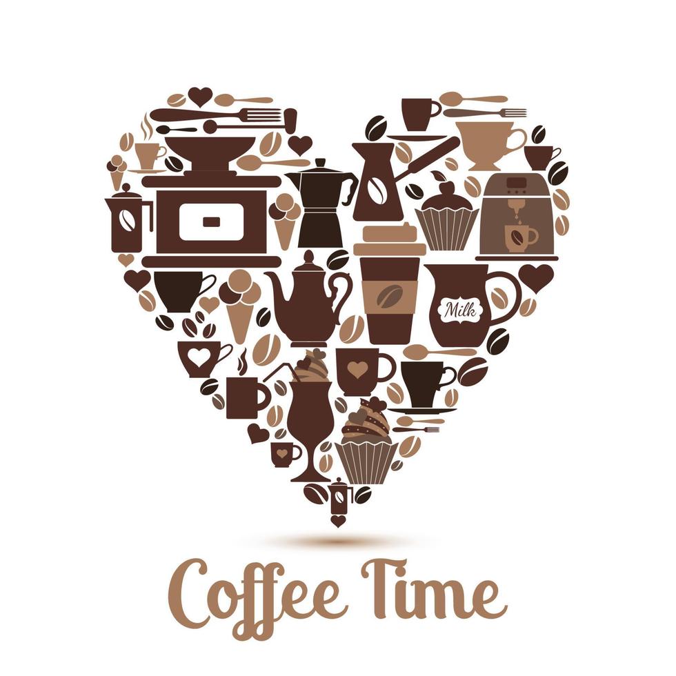 vector illustratie van hart met koffie pictogrammen.