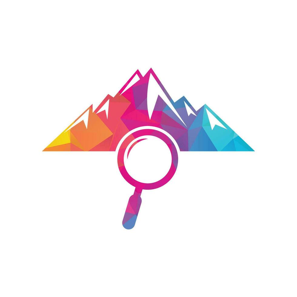 berg en loupe logo combinatie. natuur en vergroten symbool of icoon. vergroten glas en berg logo ontwerp. vector
