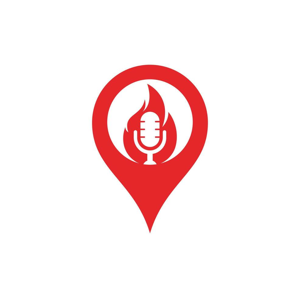 brand podcast GPS vorm concept logo ontwerp sjabloon. vlam brand podcast mic logo vector icoon illustratie