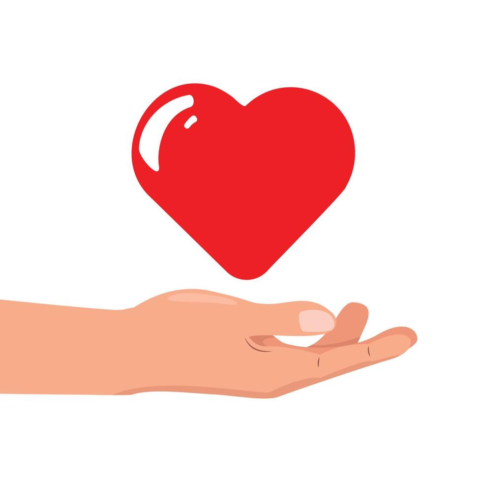 hand- Holding een rood hart. liefdadigheid, vrijwilliger, doneren, Gezondheid zorg, opmerkzaamheid, welzijn, geluk, mvo, wereld hart dag, wereld Gezondheid dag, wereld mentaal Gezondheid dag, bidden concept illustratie. vector