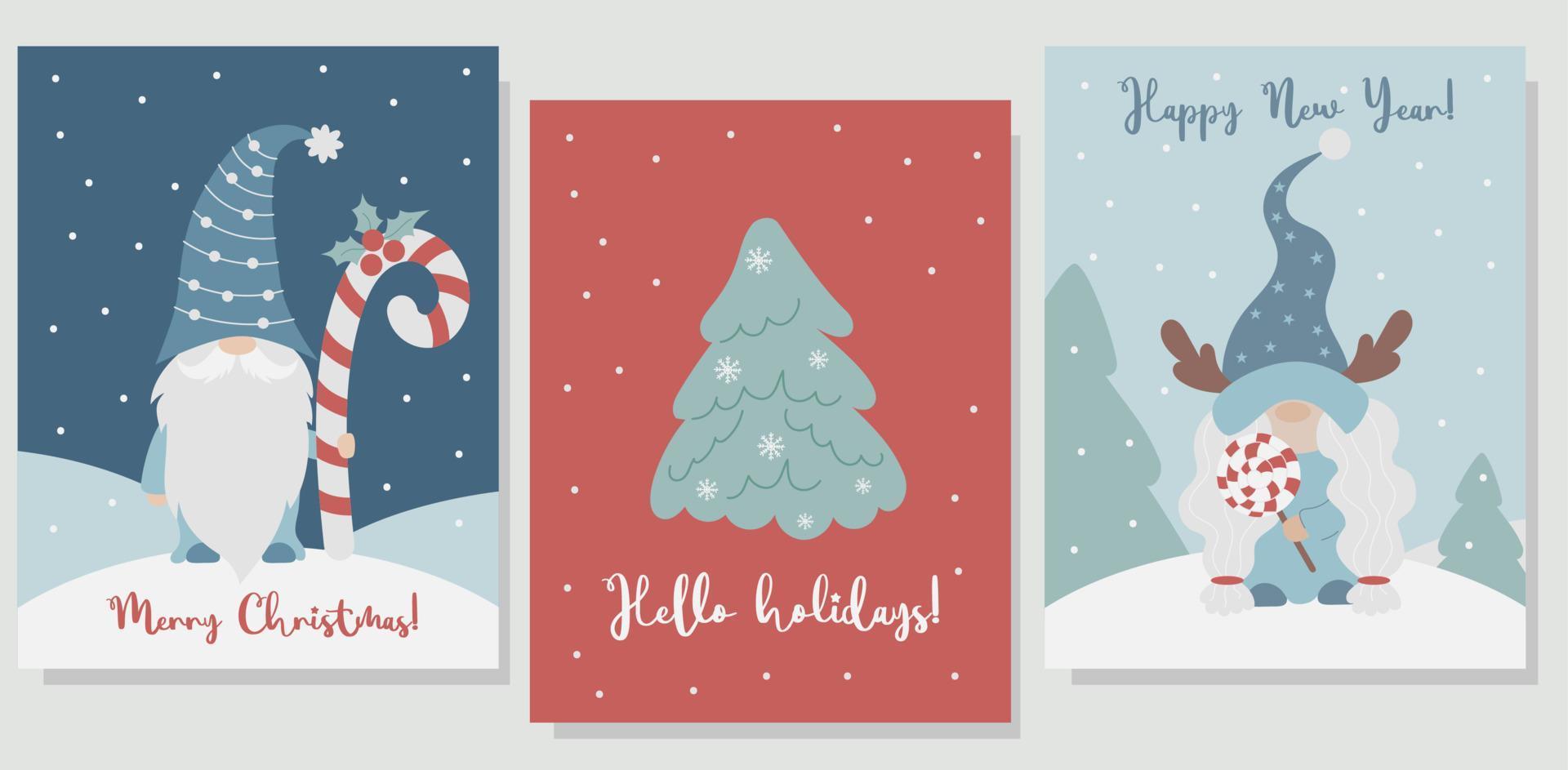 Kerstmis groet posters met kabouters. schattig Scandinavisch gnoom meisje met lolly, nieuw jaar gnoom met karamel stok Aan besneeuwd achtergrond met felicitatie. vector illustratie.