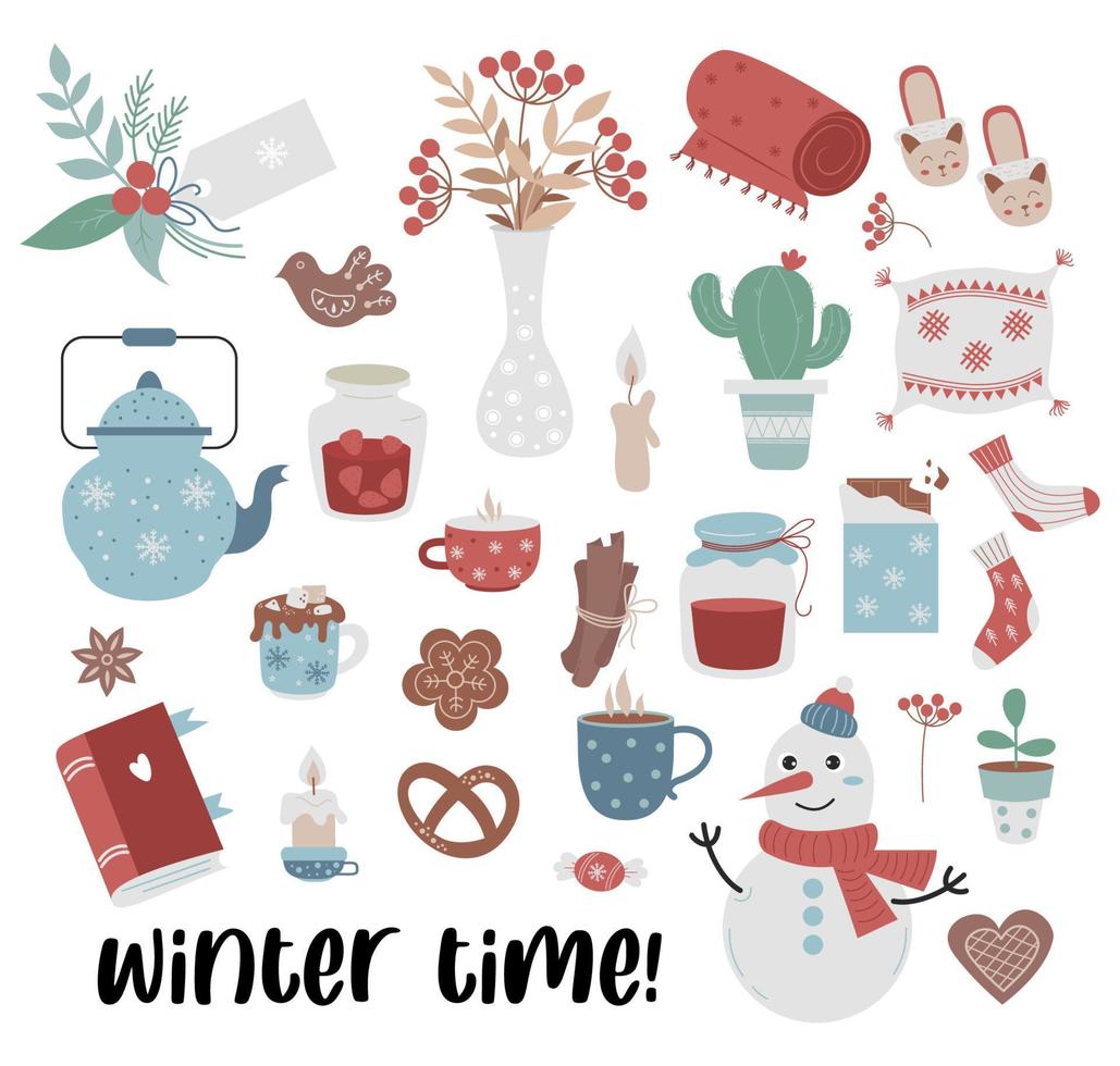 knus winter tijd. verzameling van winter comfort items kussen, plaid, boek en sneeuwman, jam en Kerstmis geschenk label. vector illustratie. geïsoleerd gekleurde elementen in vlak stijl voor ontwerp en decor.