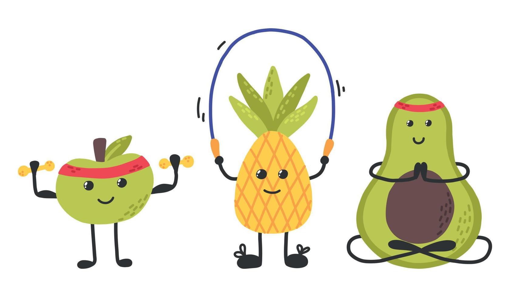 fruit karakters. reeks van tekens met vruchten. sport- vruchten. hand- getrokken stijl. vector illustratie. appel, Peer en avocado zijn sportief.