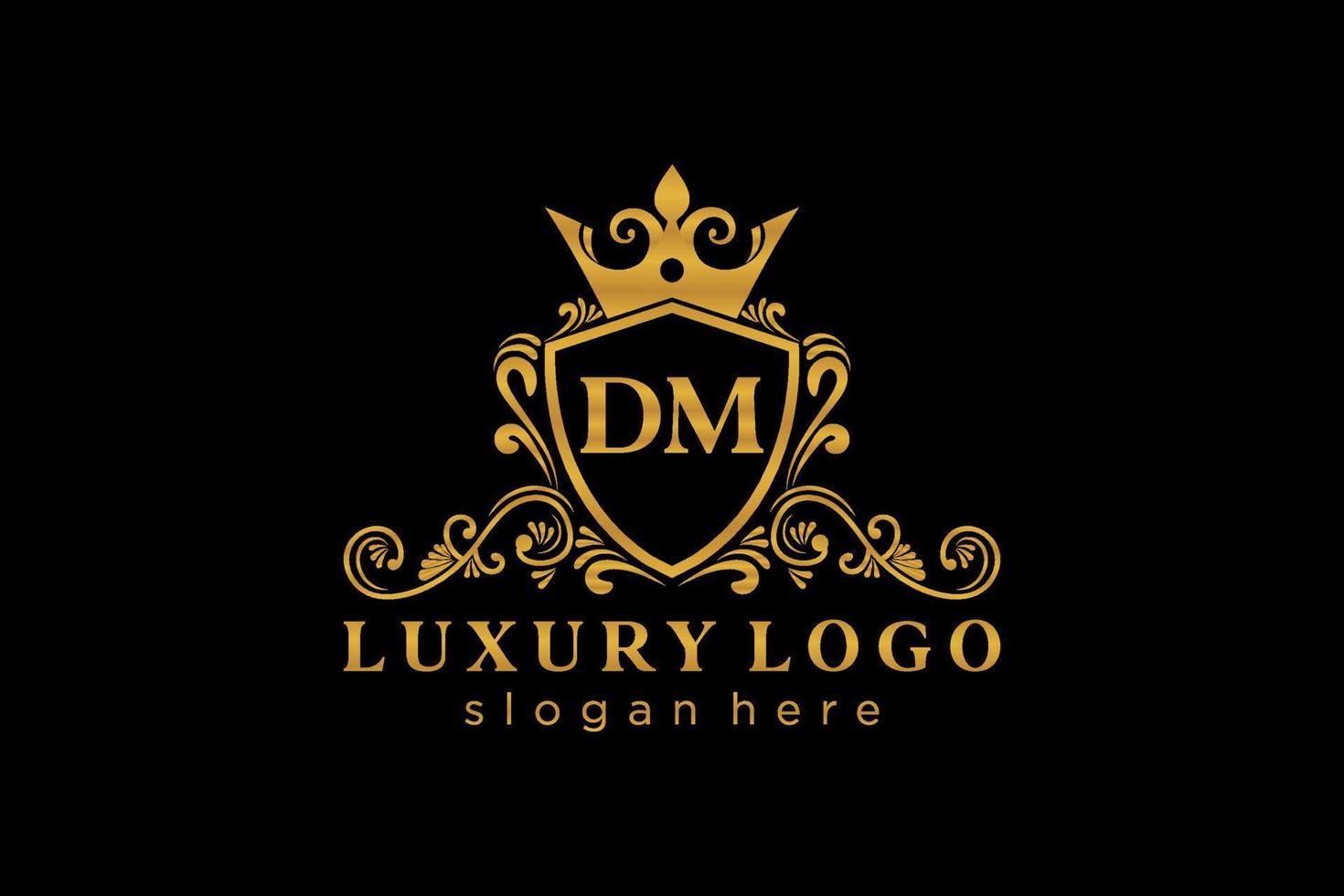 eerste dm brief Koninklijk luxe logo sjabloon in vector kunst voor restaurant, royalty, boetiek, cafe, hotel, heraldisch, sieraden, mode en andere vector illustratie.