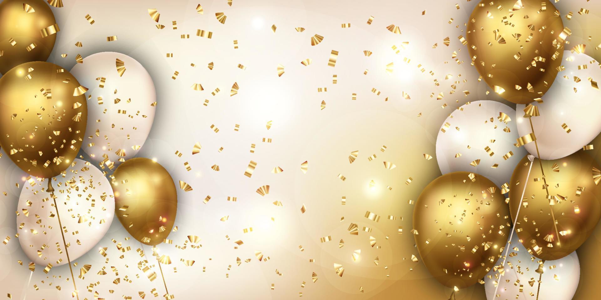 luxe goud en wit folie ballonnen met confetti in wit achtergrond vector. 3d realistisch vector illustratie voor verjaardag, verjaardag, uitverkoop en Promotie, partij ontwerp element.