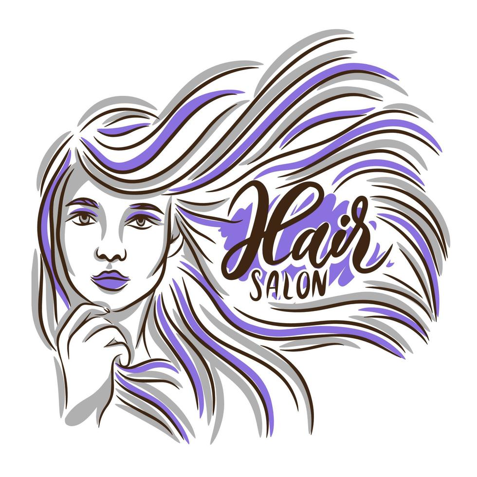 portret, meisje met lang haar, haar- salon, handgeschreven opschrift voor schoonheid salon vector