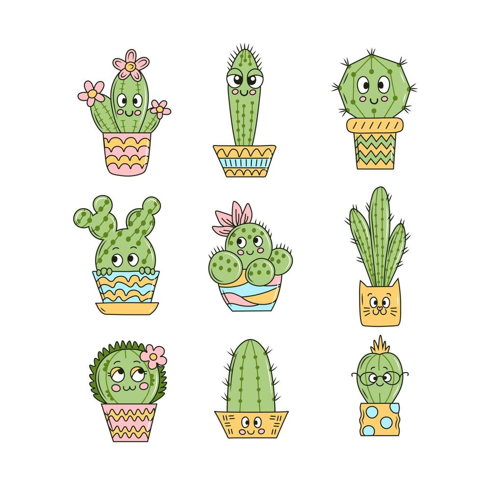 schattig kawaii cactussen tekening verzameling vector