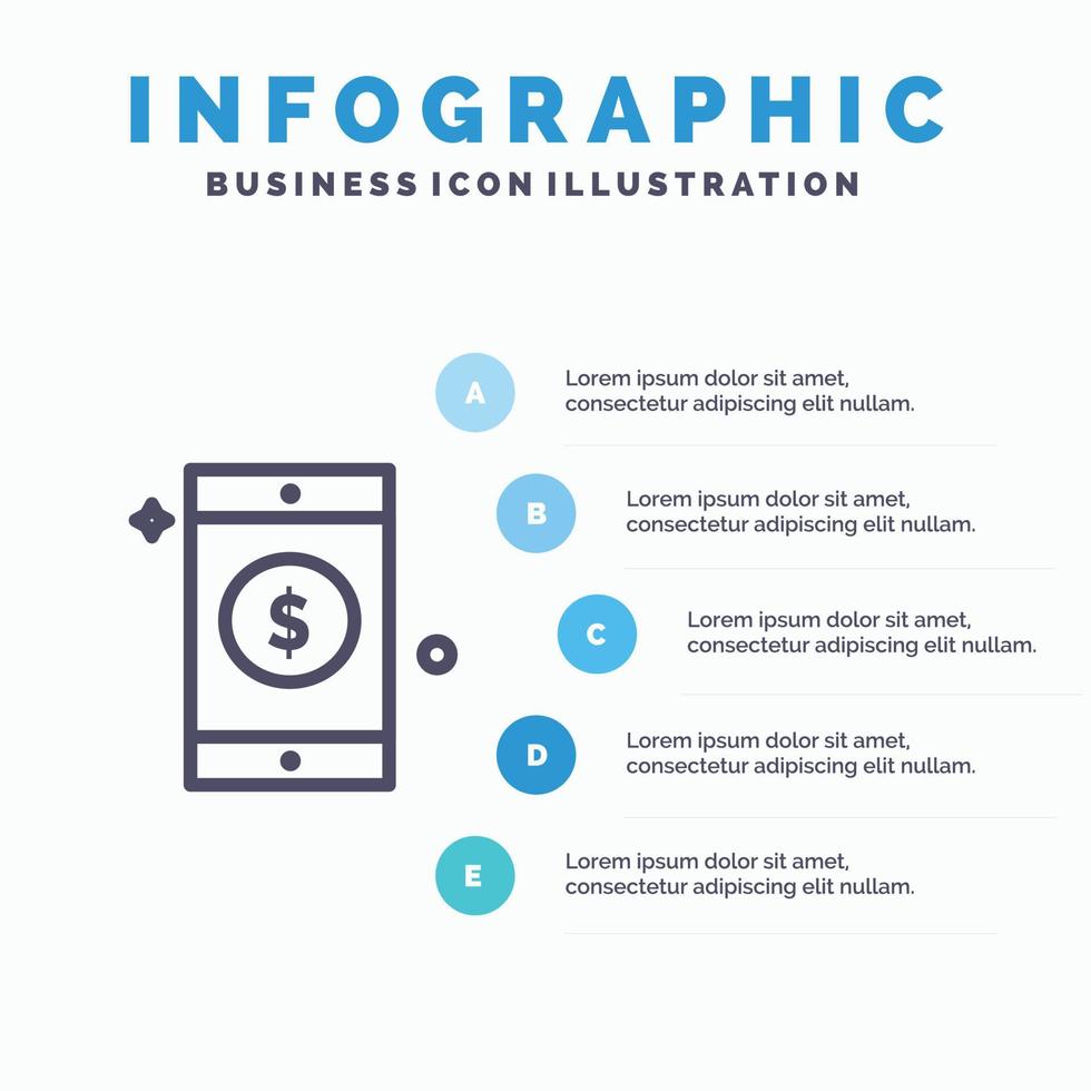 mobiel dollar teken lijn icoon met 5 stappen presentatie infographics achtergrond vector