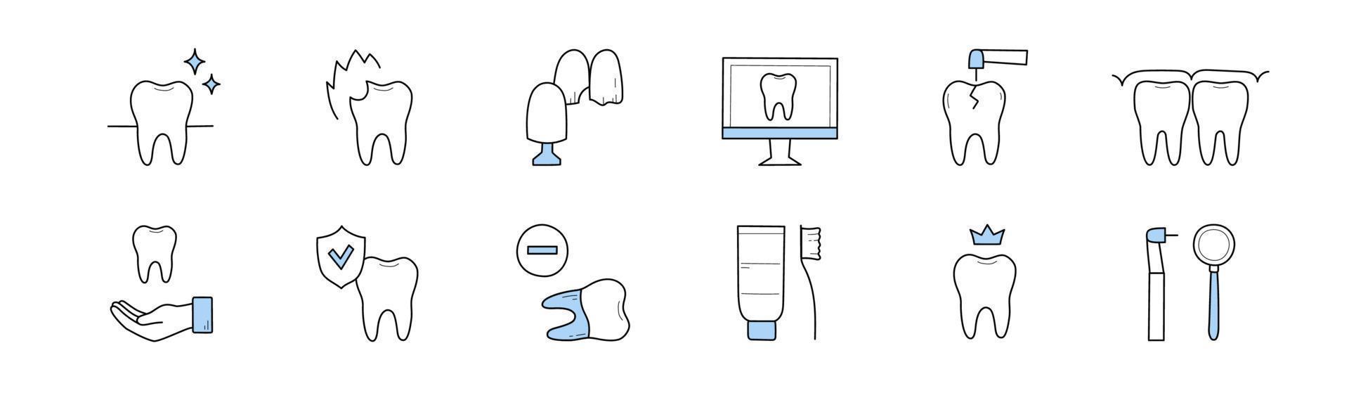 tandheelkunde en stomatologie tekening pictogrammen, tekens reeks vector