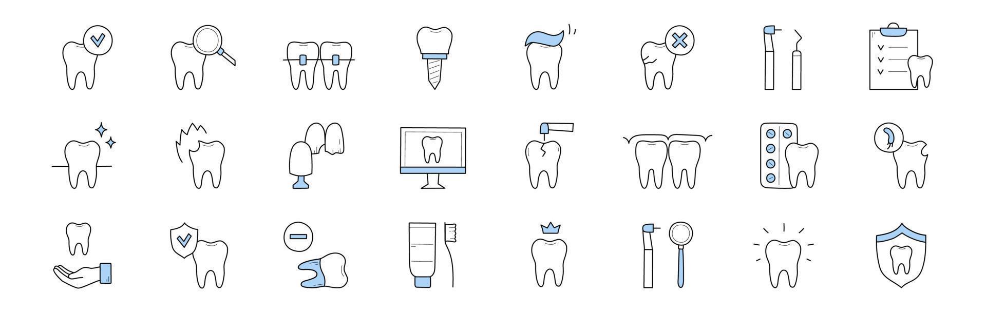 tandheelkunde en stomatologie tekening pictogrammen, tekens reeks vector