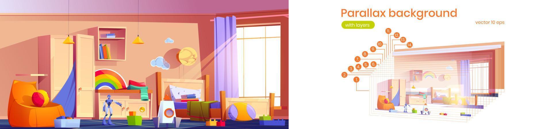 parallax achtergrond kinderen slaapkamer, 2d spel vector