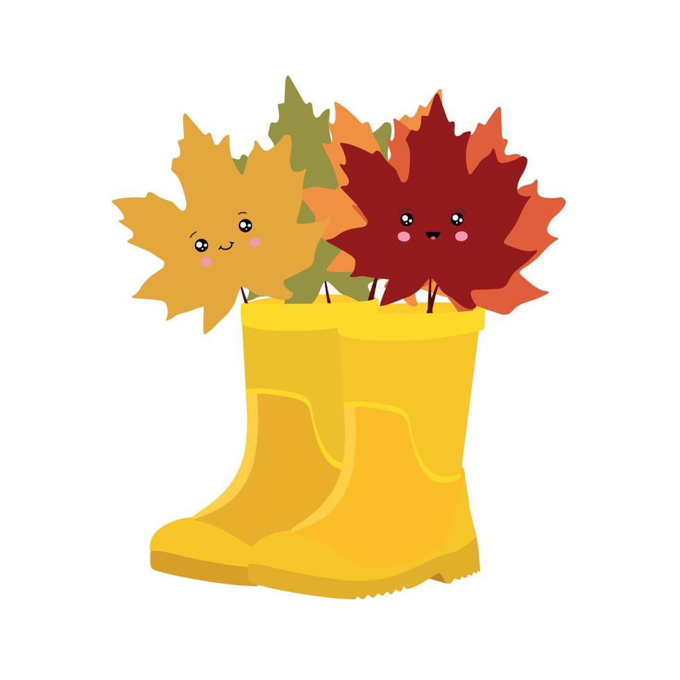 geel hoog schoon rubber laarzen met esdoorn- bladeren. tuinieren, herfst. vlak stijl vector