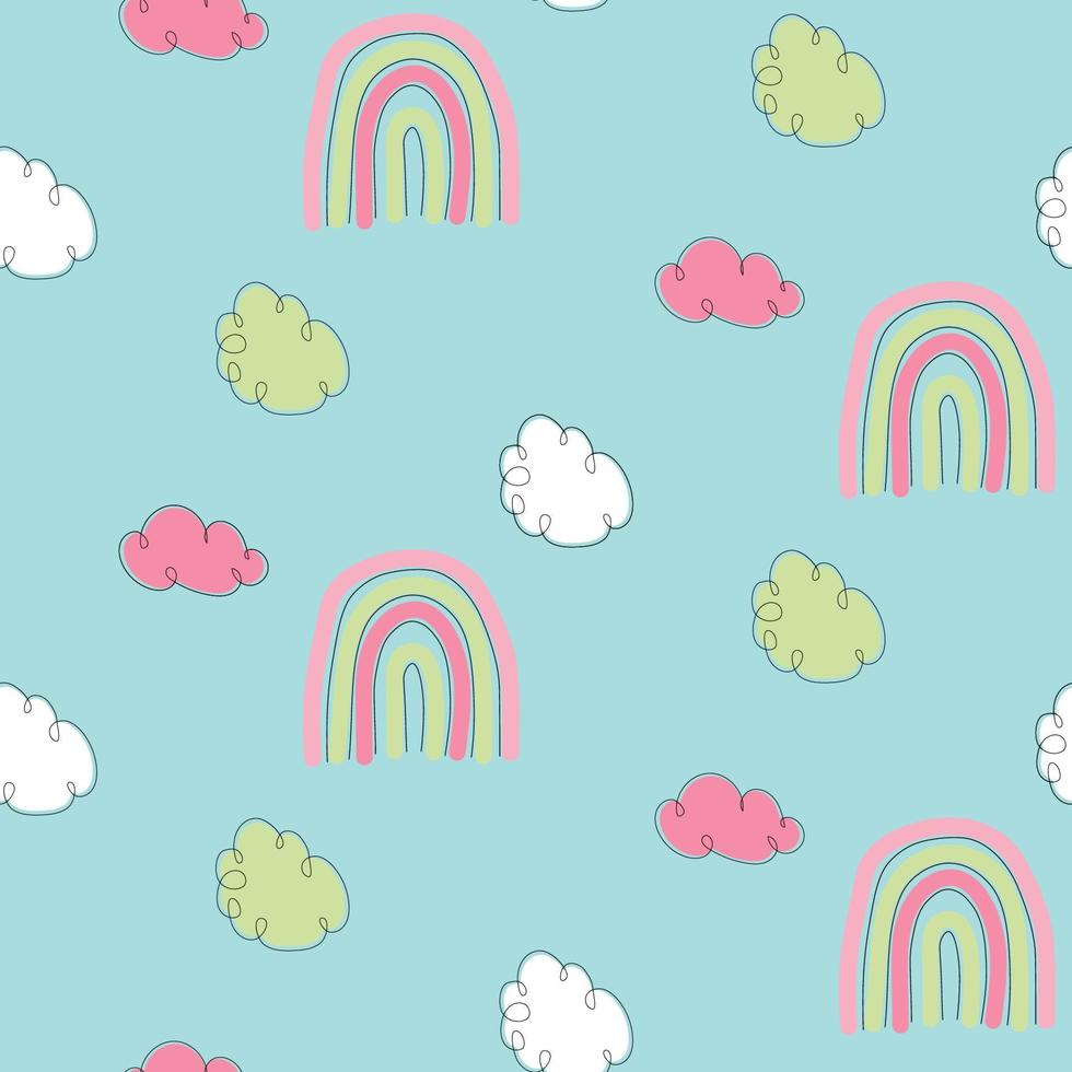 schattig naadloos patroon met wolken en regenboog vector