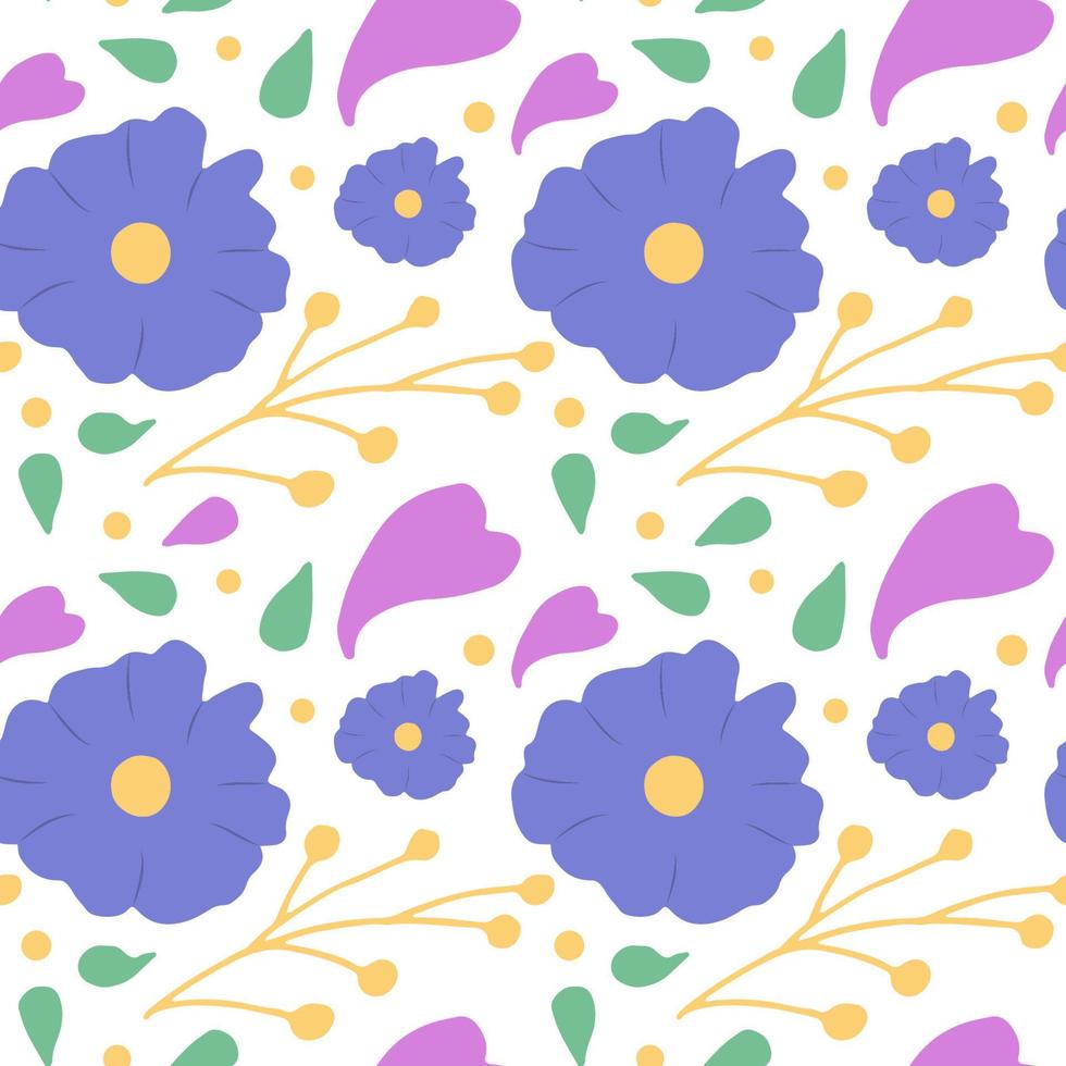 naadloos patroon met Purper bloemen en harten, groen bladeren en takjes. vector illustratie