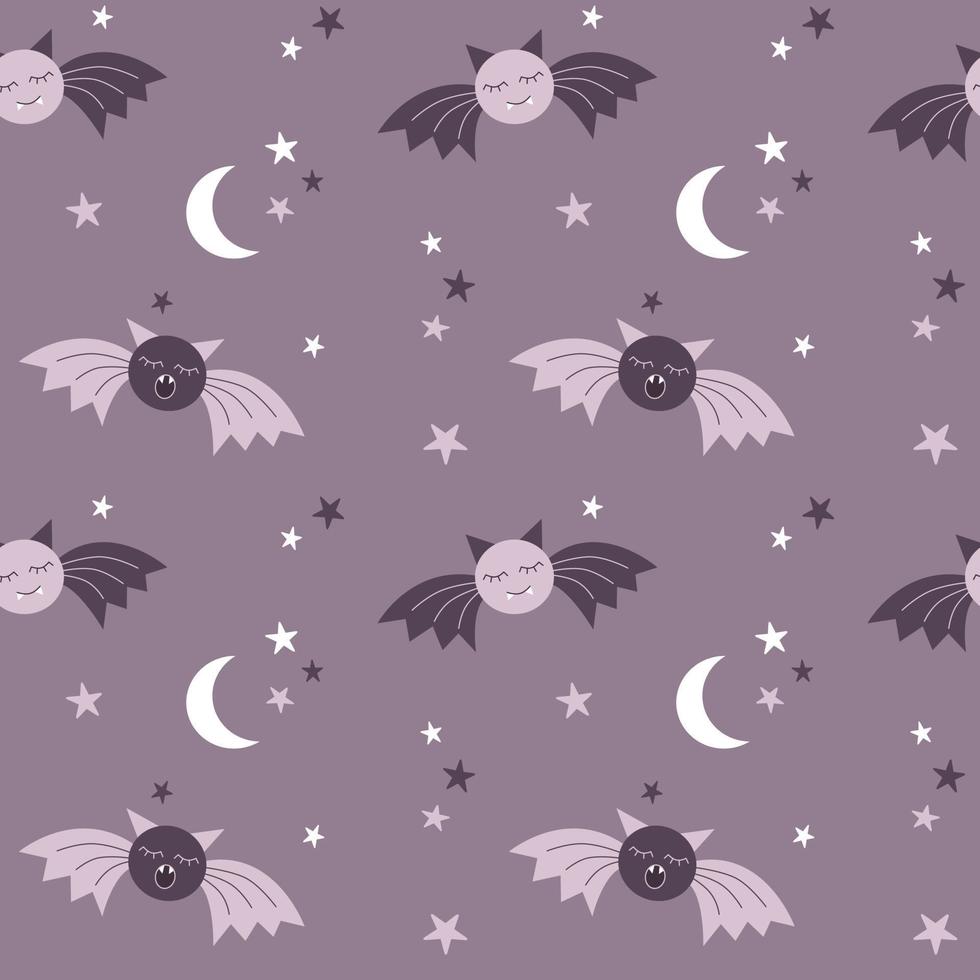 schattig vleermuizen in baby stijl naadloos lila patroon. maan en sterren vector