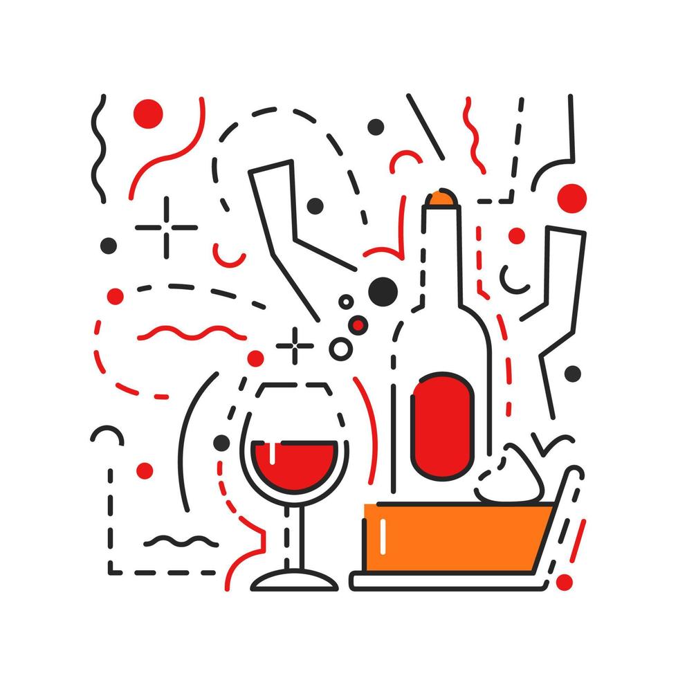 pompoen taart plak met geslagen room en kop van rood wijn geïsoleerd. alcoholisch drank met voedsel. traditioneel Amerikaans dankzegging avondeten getextureerde concept ontwerp. hand- getrokken vlak vector illustratie