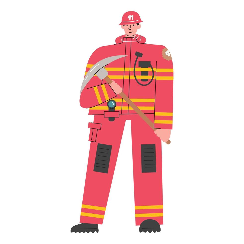 brandweerman karakter in rood uniform Holding pikhouweel. mannetje brandweerman met vol voorbereiding geïsoleerd Aan wit. noodgeval onderhoud met professioneel arbeider. hand- getrokken personage vlak vector illustratie