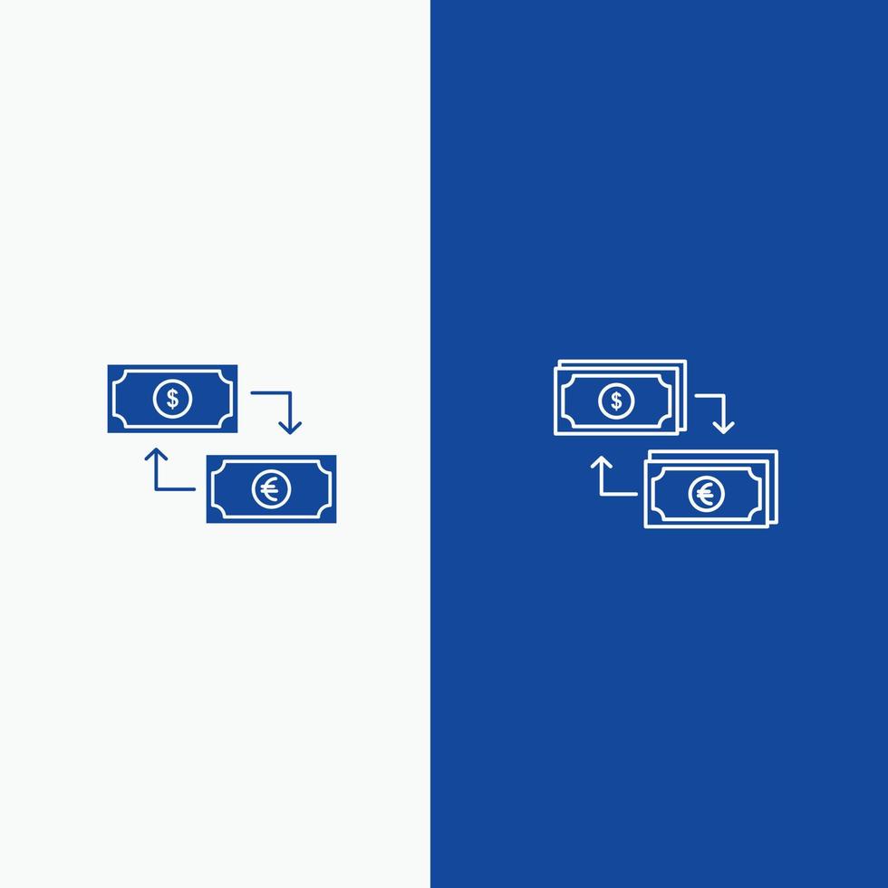 uitwisseling bedrijf dollar euro financiën financieel geld lijn en glyph solide icoon blauw banier lijn en vector