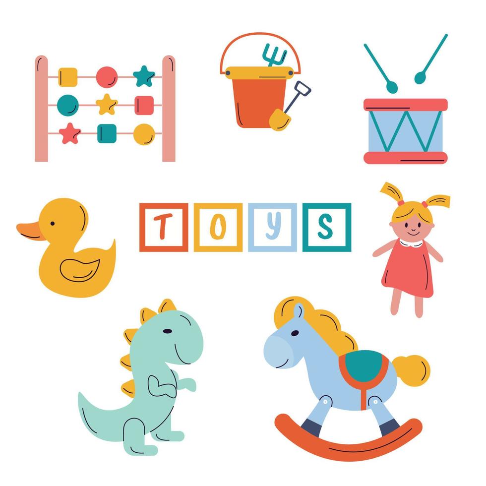 een verzameling van kinderen speelgoed. trommel, pop, speelgoed, dinosaurus, pony, kubussen vector