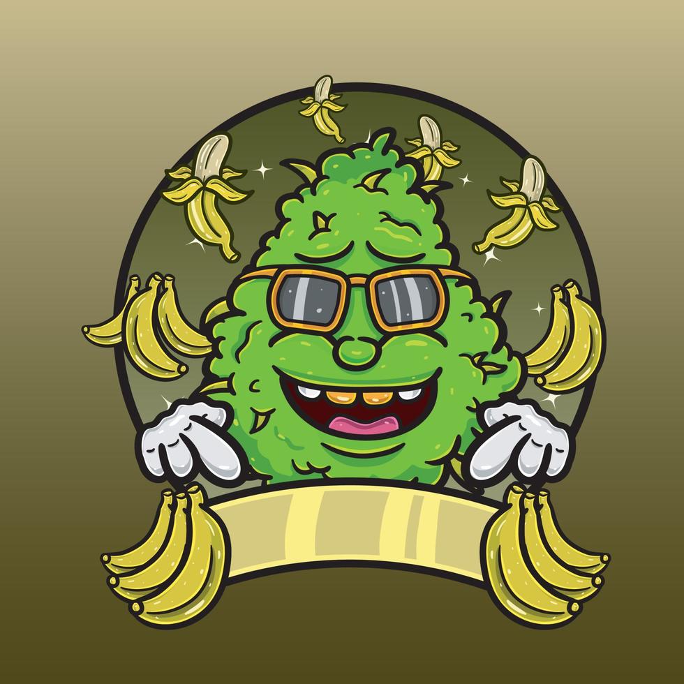 banaan smaak met onkruid mascotte tekenfilm. onkruid ontwerp voor logo, etiket en verpakking Product. vector