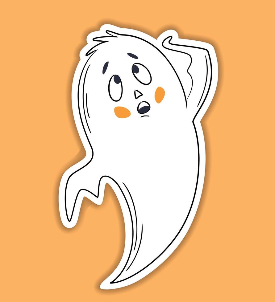 halloween vector sticker. een lijn hand- getrokken halloween emoticon geest. grappig weinig schattig viel flauw geest. tekening voor logo, poster, embleem. tekenfilm stijl