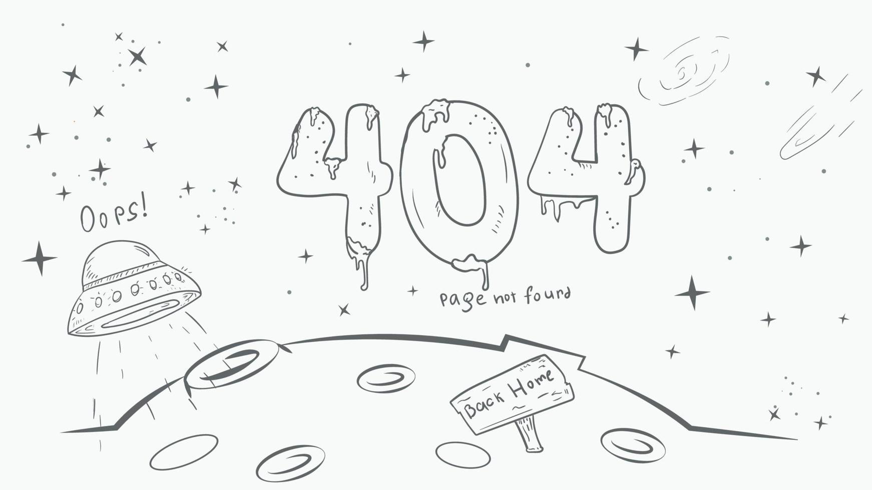 zwart en wit bladzijde voor de ontwerp van de web toepassing fout 404 groot getallen Aan de achtergrond van een planeet en een ufo tekening in de stijl van een tekening vector