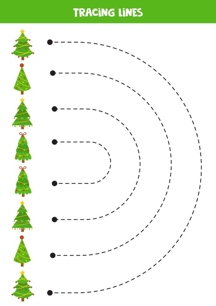 traceren lijnen voor kinderen. tekenfilm Kerstmis bomen. schrijven oefening. vector