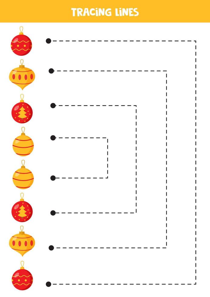 traceren lijnen voor kinderen. tekenfilm Kerstmis kerstballen. schrijven oefening. vector