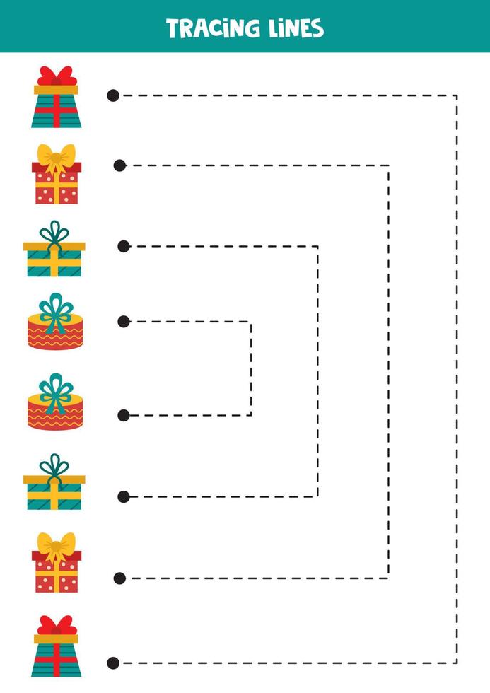 traceren lijnen voor kinderen. tekenfilm Kerstmis presenteert. schrijven oefening. vector