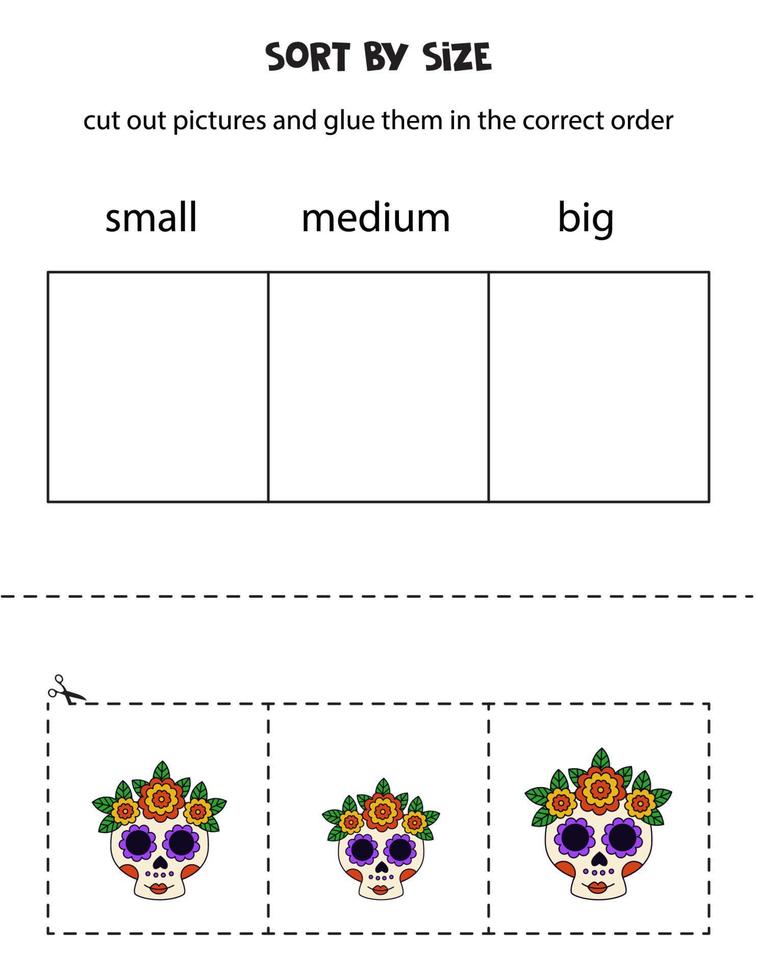 sorteer foto's op grootte. educatief werkblad voor kinderen. vector