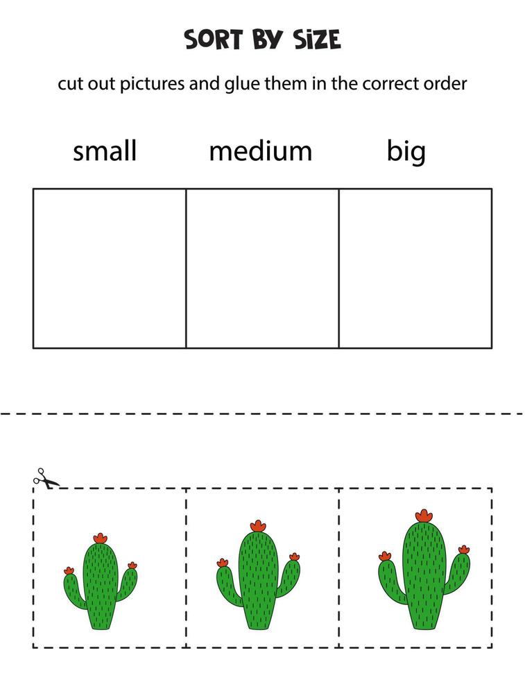 sorteer foto's op grootte. educatief werkblad voor kinderen. vector