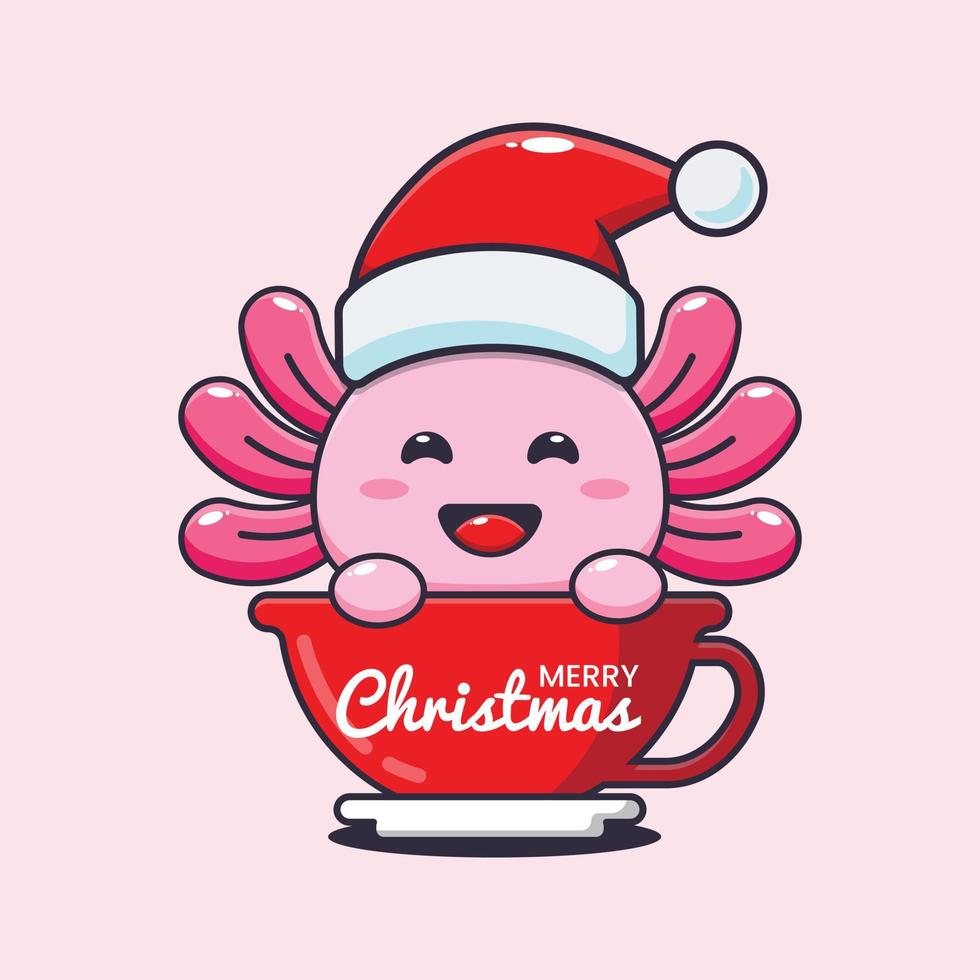 schattig axolotl vervelend de kerstman hoed in beker. schattig Kerstmis tekenfilm illustratie. vector