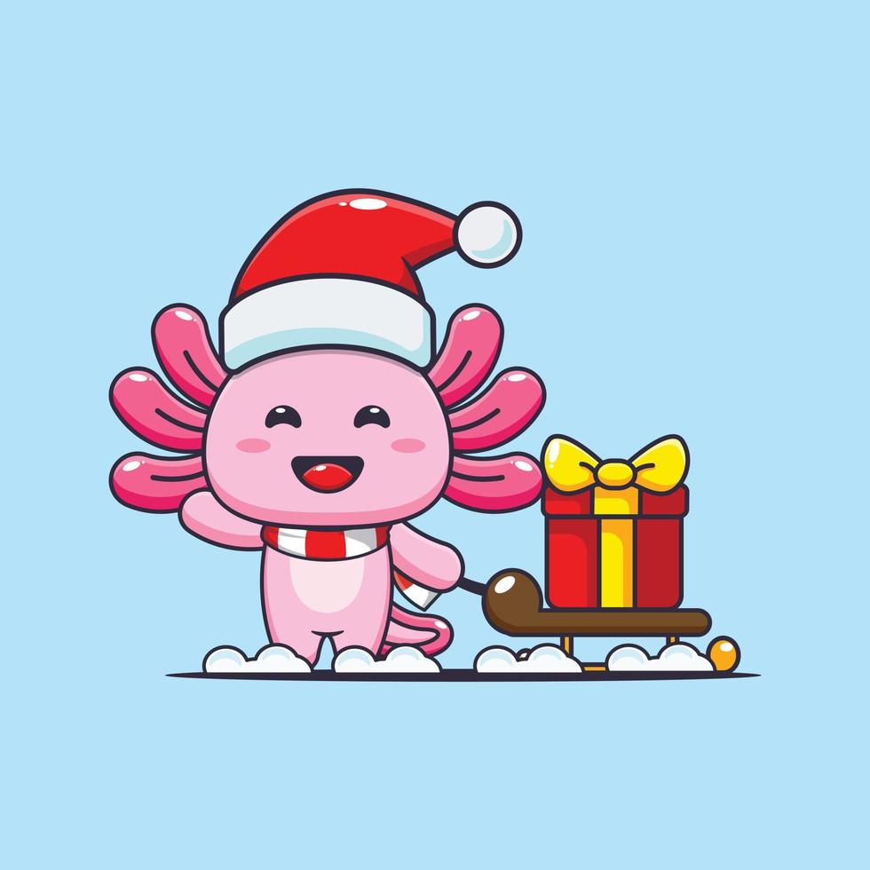 schattig axolotl draag- Kerstmis geschenk doos. schattig Kerstmis tekenfilm illustratie. vector
