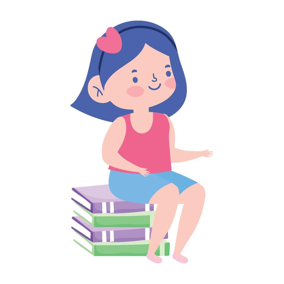 weinig leerling meisje zittend Aan stack van boeken tekenfilm school- geïsoleerd icoon ontwerp wit achtergrond vector
