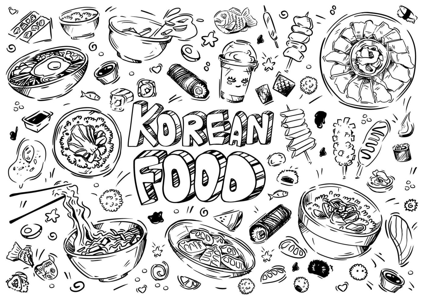 hand- getrokken vector illustratie. tekening Koreaans voedsel, broodjes, soepen, vis, kimchi, noedels, rijst, sashimi, vlees, eieren, salade, desserts.