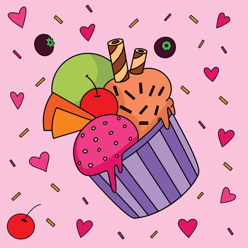 lekkernij kop ijs room multi-smaak met chocola en kers fruit versierd vector artwork