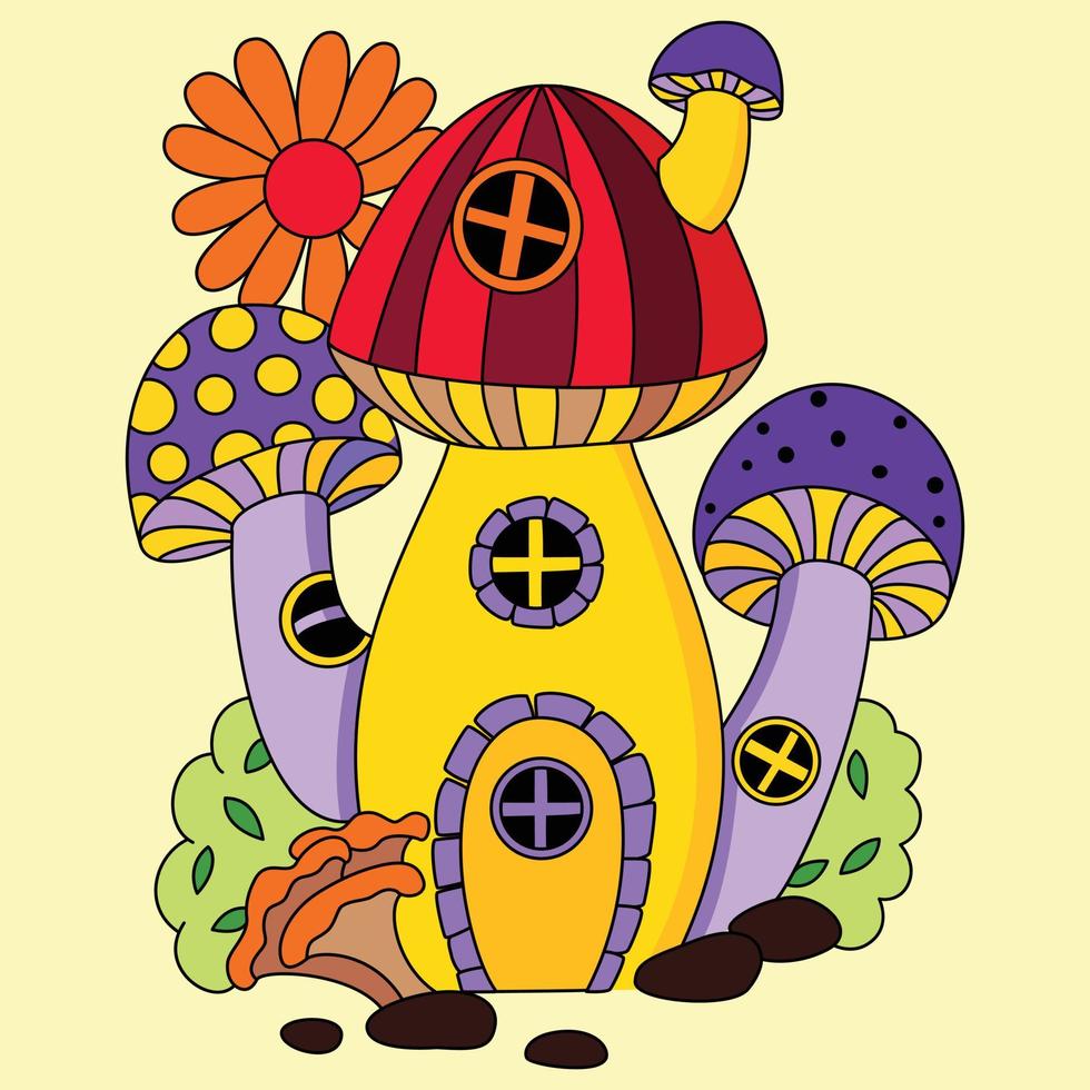 schattig kleurrijk paddestoel huis en bloemen Aan de top kleur illustratie vector artwork
