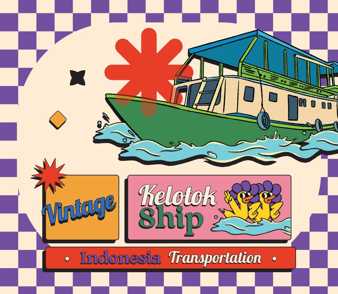 wijnoogst kelotok schip Indonesië vervoer in banjarmasin hand getekend illustratie vector