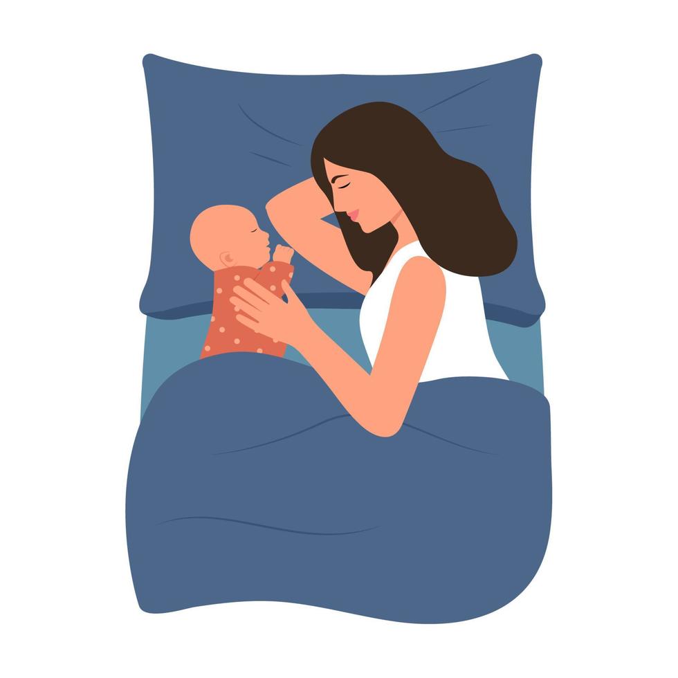 moeder en pasgeboren baby slapen samen, mama en zuigeling aan het liegen in bed.concept van borstvoeding, zorg en ontspanning. moeders dag en ouderschap. vector illustratie