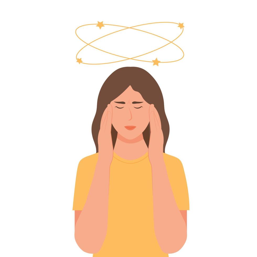 duizeligheid. vrouw met Gesloten ogen houdt haar hand- Aan hoofd, sterren spinnen in de omgeving van zijn hoofd. ziek vrouw met vertigo.vector illustratie, vlak ontwerp. vector