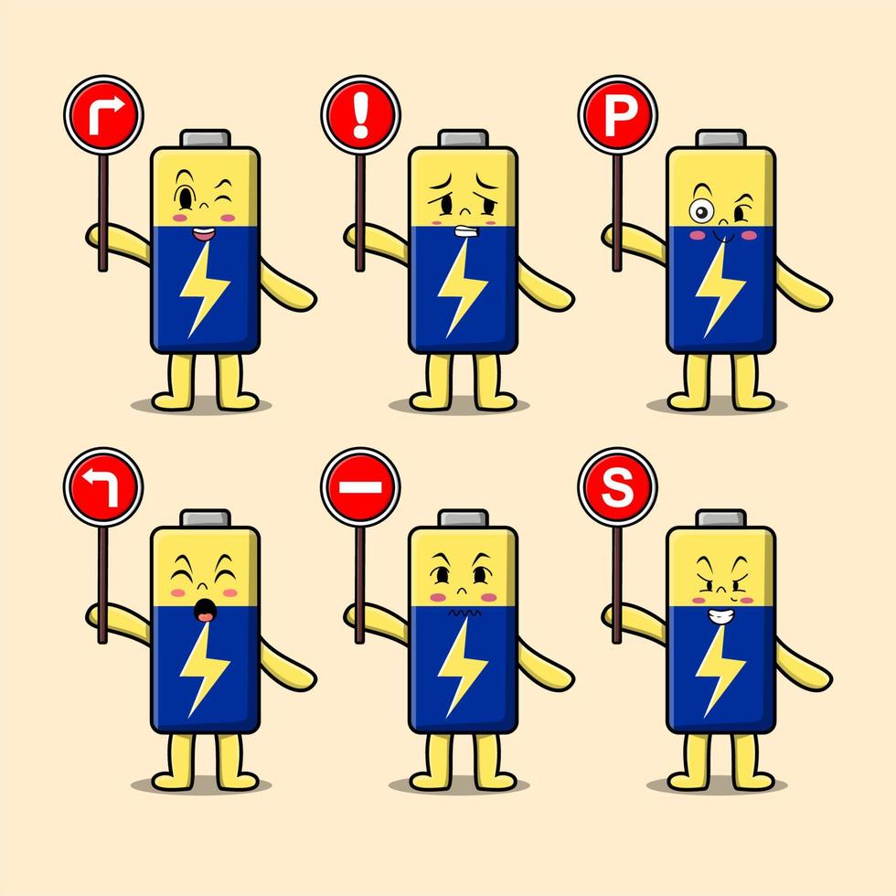 schattig accu tekenfilm Holding verkeer teken vector