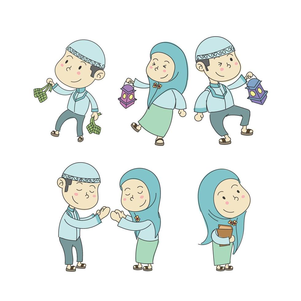 Ramadan kareem schattig tekens hand- getrokken tekenfilm verzameling vector